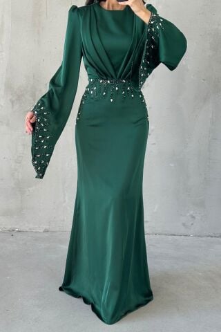 Zerafet Işıltısı Saten Tesettür Abiye Zümrüt Yeşili