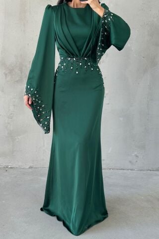 Zerafet Işıltısı Saten Tesettür Abiye Zümrüt Yeşili