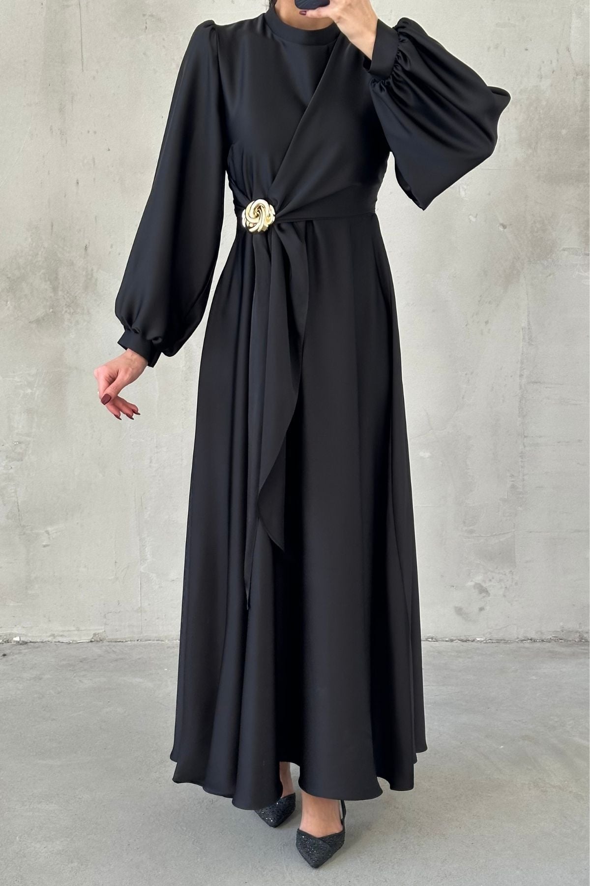 Eliz Saten Tesettür Abiye Siyah