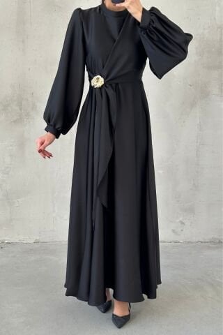 Eliz Satin Hijab Evening Dress Black