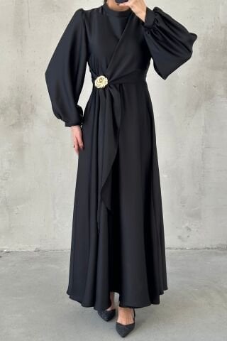 Eliz Saten Tesettür Abiye Siyah