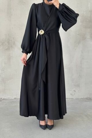 Eliz Saten Tesettür Abiye Siyah