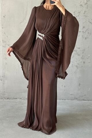 Janjan Hijab Evening Dress Brown with Sparkly Sleeve Detail
