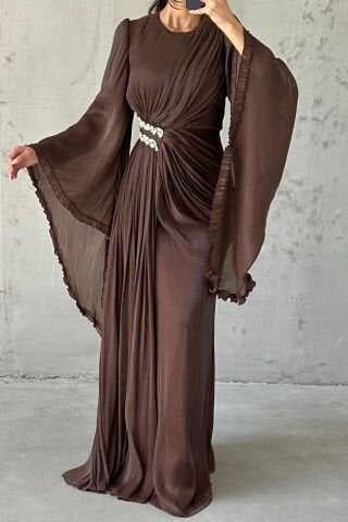 Işıltılı Kol Detaylı Janjan Tesettür Abiye Kahverengi