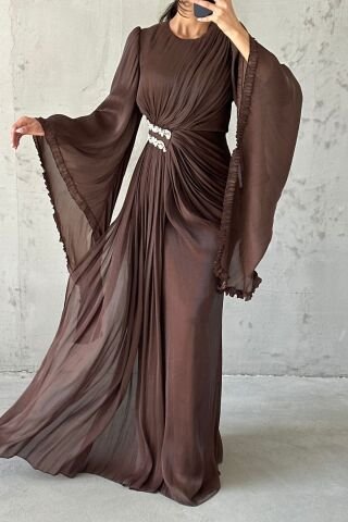 Işıltılı Kol Detaylı Janjan Tesettür Abiye Kahverengi