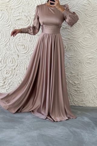 Charming Satin Belted Hijab Evening Dress - Plum