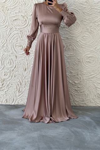 Charming Satin Belted Hijab Evening Dress - Plum