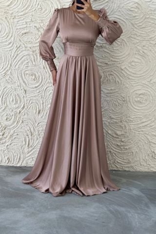 Charming Satin Belted Hijab Evening Dress - Plum