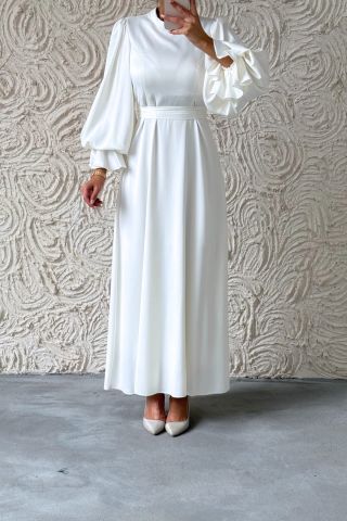 Minimal Şıklık Saten Balon Kol Tesettür Abiye Ekru