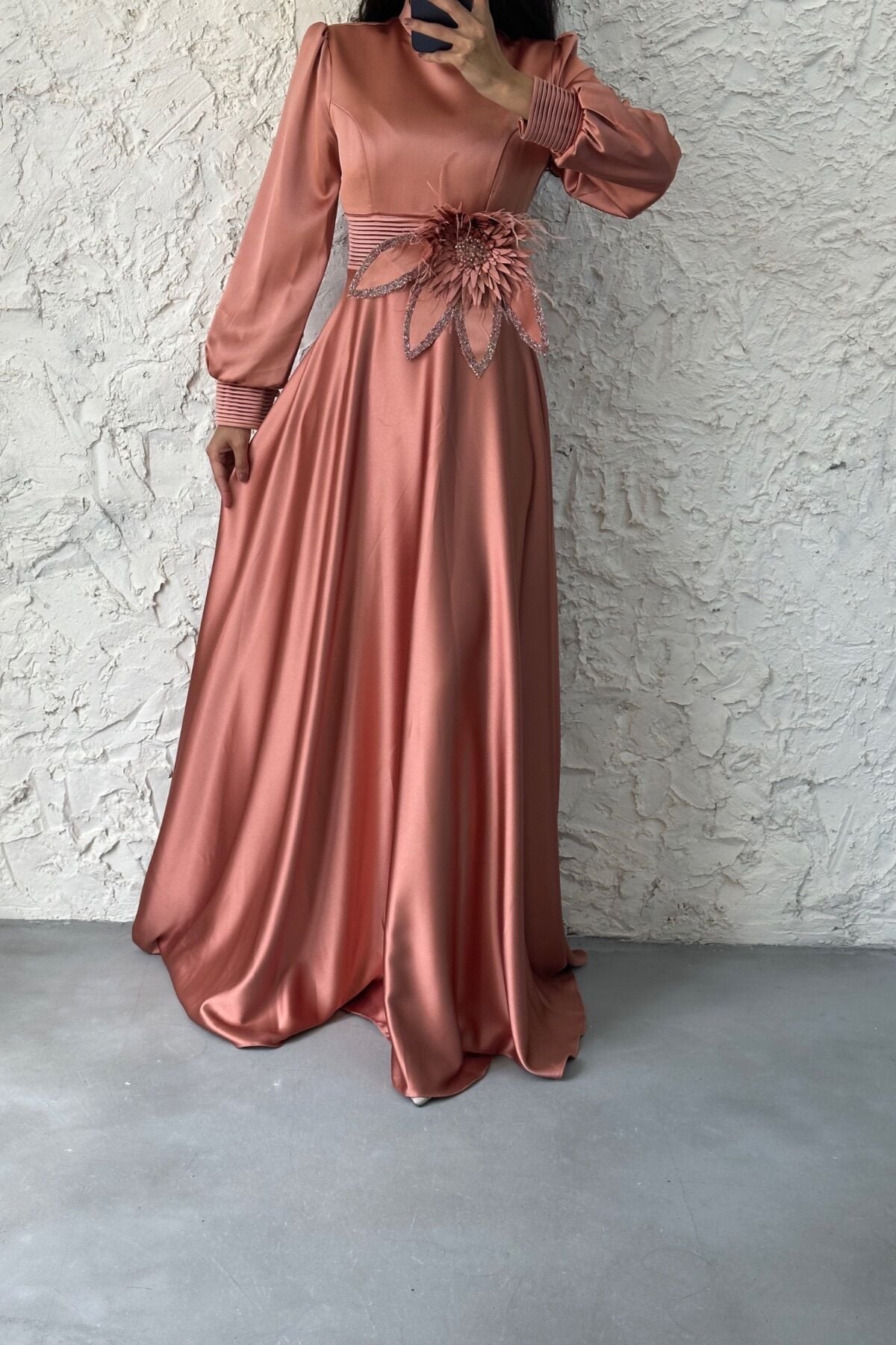 Satin Hijab Evening Dress with Pleated Jewelry Detail on the Sleeve Orange