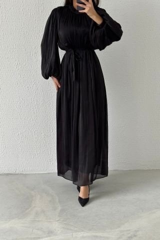 Balloon Sleeve Basic Organza Hijab Evening Dress Black