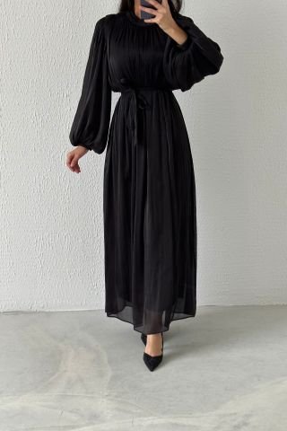 Balloon Sleeve Basic Organza Hijab Evening Dress Black