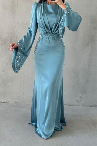 Zerafet Işıltısı Saten Tesettür Abiye İndigo