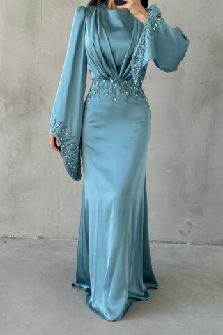 Zerafet Işıltısı Saten Tesettür Abiye İndigo