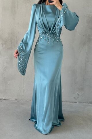 Zerafet Işıltısı Saten Tesettür Abiye İndigo