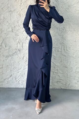 Satin Hijab Evening Dress Navy Blue with Bead Detail at the Waist