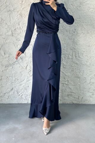 Satin Hijab Evening Dress Navy Blue with Bead Detail at the Waist