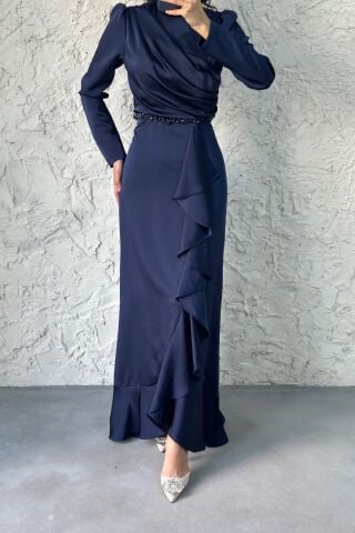 Satin Hijab Evening Dress Navy Blue with Bead Detail at the Waist