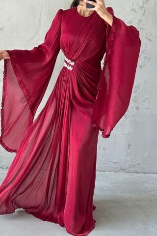 Işıltılı Kol Detaylı Janjan Tesettür Abiye Bordo