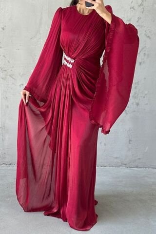Janjan Hijab Evening Dress with Sparkly Sleeve Detail, Burgundy