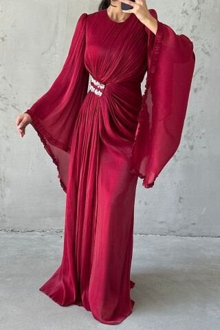 Işıltılı Kol Detaylı Janjan Tesettür Abiye Bordo