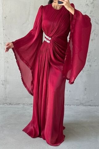 Işıltılı Kol Detaylı Janjan Tesettür Abiye Bordo