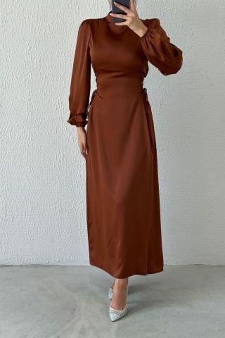 Belden Bağlama Detaylı Saten Tesettür Abiye Açık Kahve
