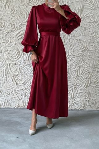 Minimal Şıklık Saten Balon Kol Tesettür Abiye Bordo