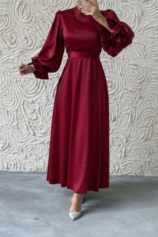 Minimal Elegance Satin Balloon Sleeve Hijab Evening Dress Burgundy