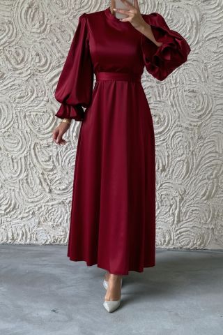 Minimal Şıklık Saten Balon Kol Tesettür Abiye Bordo