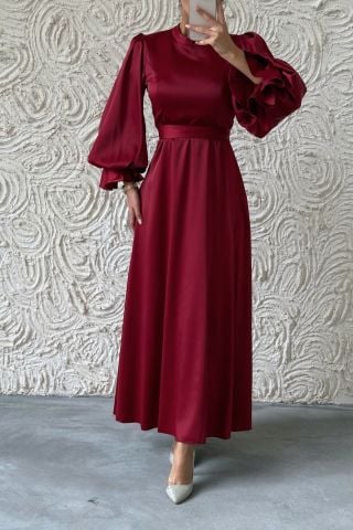 Minimal Şıklık Saten Balon Kol Tesettür Abiye Bordo