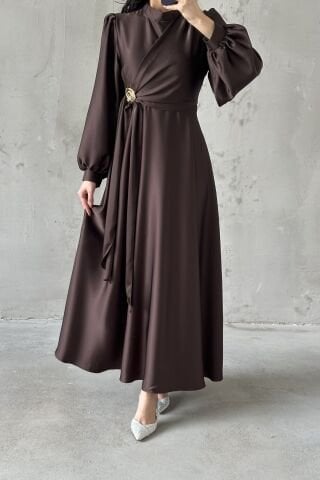Eliz Satin Hijab Evening Dress Brown