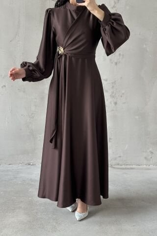 Eliz Saten Tesettür Abiye Kahverengi