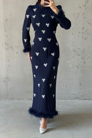Bow Stone Embroidered Feathered Black Hijab Evening Dress Navy Blue