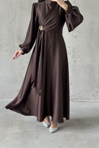 Eliz Saten Tesettür Abiye Kahverengi