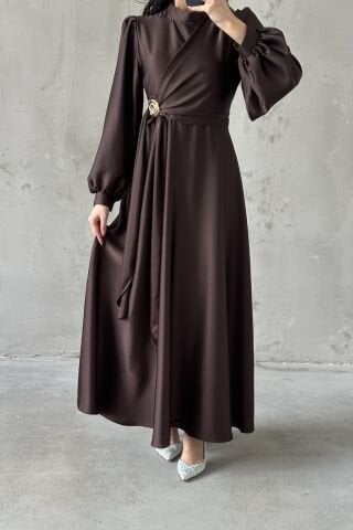 Eliz Saten Tesettür Abiye Kahverengi