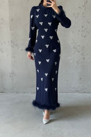 Bow Stone Embroidered Feathered Black Hijab Evening Dress Navy Blue
