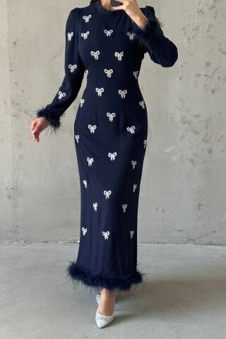 Bow Stone Embroidered Feathered Black Hijab Evening Dress Navy Blue