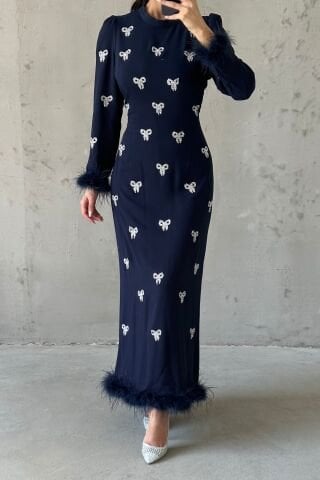 Bow Stone Embroidered Feathered Black Hijab Evening Dress Navy Blue
