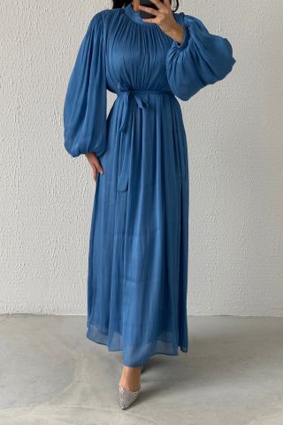Balon Kol Basic Organze Tesettür Abiye İndigo
