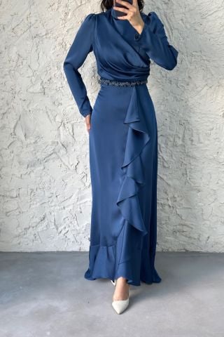 Satin Hijab Evening Dress with Bead Detail at the Waist Indigo