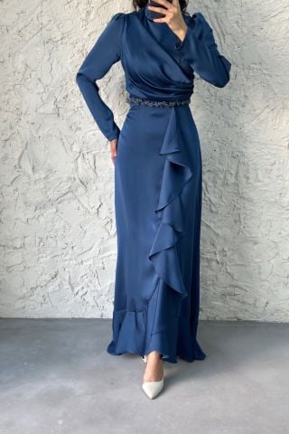 Satin Hijab Evening Dress with Bead Detail at the Waist Indigo