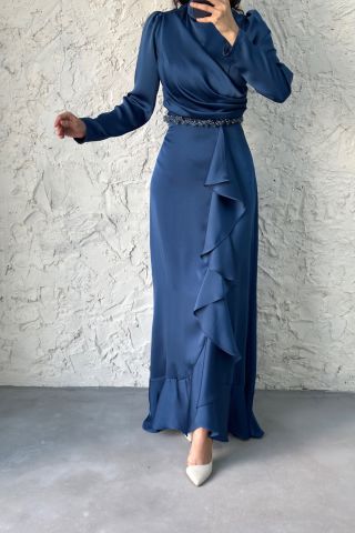 Satin Hijab Evening Dress with Bead Detail at the Waist Indigo
