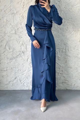 Satin Hijab Evening Dress with Bead Detail at the Waist Indigo