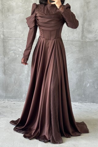 Selen Hijab Evening Dress Brown