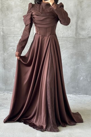 Selen Hijab Evening Dress Brown