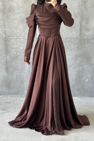 Selen Hijab Evening Dress Brown