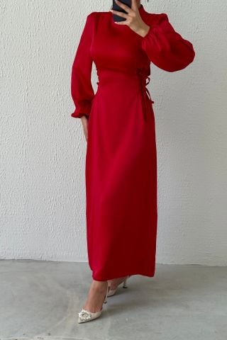 Satin Hijab Evening Dress with Waist Tie Detail Light Red