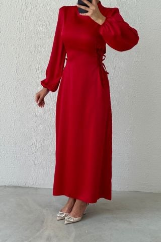 Satin Hijab Evening Dress with Waist Tie Detail Light Red