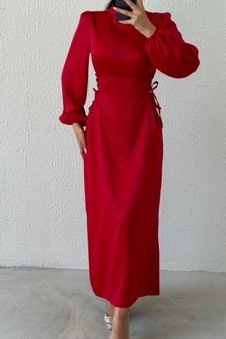 Satin Hijab Evening Dress with Waist Tie Detail Light Red